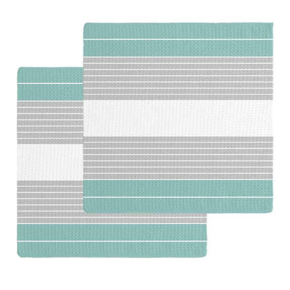 Turquoise Grey Stripe Kitchen Dish Towels for Drying Dishes Set of 2, Modern Art Horizontal Striped Waffle Weave Microfiber Hand Tea Bathroom Towels Quick Dry & Absorbent Towel 12x12