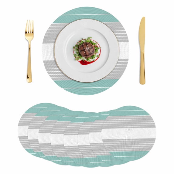 Turquoise Grey Stripe Round 15 Inch Placemats Set of 8, Modern Art Horizontal Striped HeatResistant Non Slip Place Mats for Dining Table, Wipeable Braided Kitchen Table Mats for Housewarming