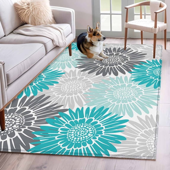 Turquoise Grey Sunflowers Area Rugs 4'x6', Washable Small Throw Rugs for Office Bathroom, Boho Rustic Floral Vintage Blossom Indoor Outdoor Rug Non-Slip Low Pile Carpet Runner Reversible Floor Mats