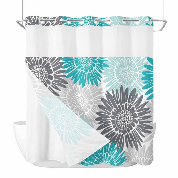 Turquoise Grey Sunflowers No Hook Shower Curtain with Snap in Liner, Waterproof Fabric Shower Curtains, Boho Rustic Floral Vintage Blossom Shower Curtain Set Top See Through for Bathroom 72"x78"