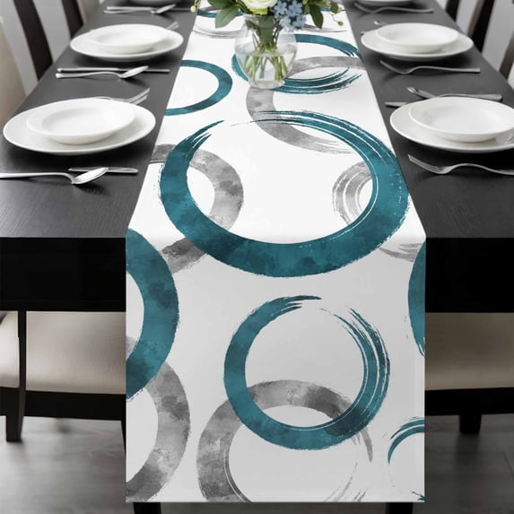 Turquoise Grey Table Runner 120 Inches Long, Geometric Circle Modern Abstract Simple Art Kitchen Coffee Dining Table Decoration for Home Party Birthday Wedding Home Decor 13x120 Inches