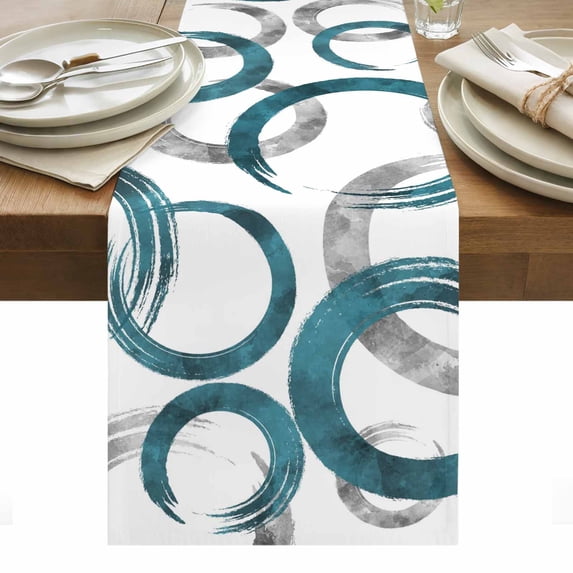 Turquoise Grey Table Runner - 48 Inch Long, Kitchen Dining Table Runner Dresser Scarves, Geometric Circle Modern Abstract Simple Art Farmhouse Decor for Coffee Tables Wedding Party Banquet
