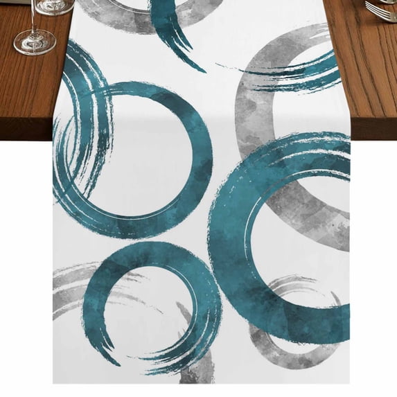 Turquoise Grey Table Runner 72 Inches Long, Cotton Linen Table Runner Dresser Scarf, Geometric Circle Modern Abstract Simple Art Fabric Tablerunners for Dining Tables Wedding Holiday Party 13"x72"
