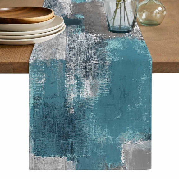 Turquoise Grey Table Runner, Abstract Square Graffiti Modern Smear Washable Cotton Linen Table Runners 108 Inches Long, Dresser Scarf Runner for Dining/Living Room/Kitchen/Square Tables 13''x108''