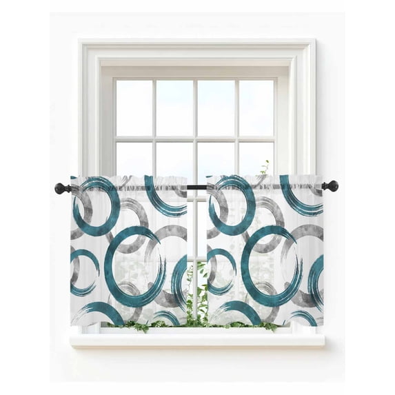 Turquoise Grey Tier Curtains 24 Inch Length,Sheer Curtains for Bedroom Living Room Window Geometric Circle Modern Abstract Simple Art Small Half Window Kitchen Curtains & Drapes 27.5"x24" 2 Panels
