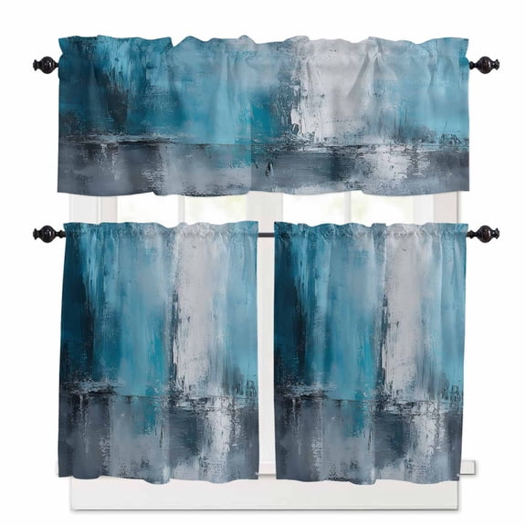 Turquoise Grey White Kitchen Curtains Valances and Tiers Set of 3, 24 Inch Length Tier Curtains and Valance Rod Pocket Valance Curtains Set for Kitchen Bathroom Small Windows