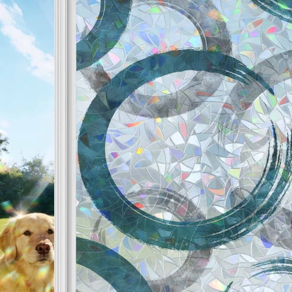 Turquoise Grey Window Privacy Film Stain Glass,Reusable Decorative Rainbow Window Film,Geometric Circle Modern Abstract Simple Art Static Cling Sun Blocking Stickers Decals Covers 29.5" x 118" (2pcs)