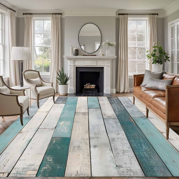 Turquoise Grey Wooden Area Rug 6x9 FT, Non Slip Living Room Throw Carpet, Farmhouse Teal Wood Washable Soft Large Floor Carpet Non-Shedding Rug for Bedroom Dining Room Play Room