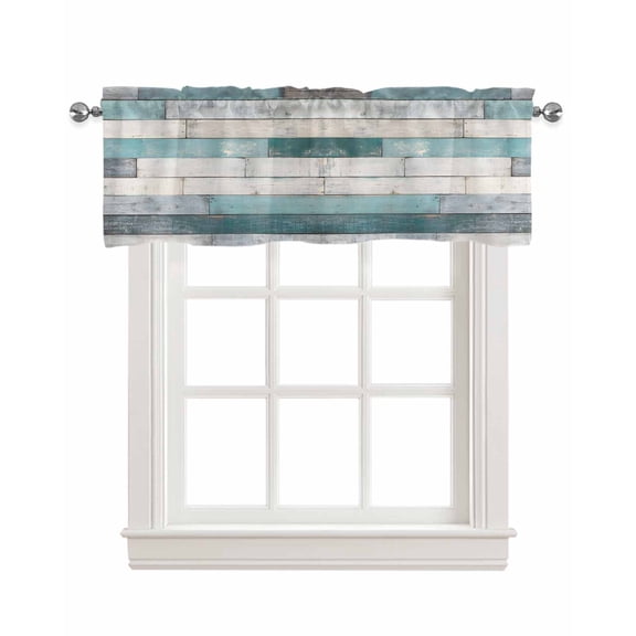 Turquoise Grey Wooden Kitchen Valances for Windows Farmhouse Linen Window Valance Curtain for Living Room Window Treatment Farmhouse Teal Wood Valance Rod Pocket Topper Drape, 42 x 12 Inch