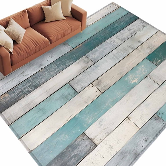 Turquoise Grey Wooden Large Area Rugs for Bedroom Living Room, Soft Non Slip Carpet Bedside Rug, Farmhouse Teal Wood Rectangular Floor Cover Kitchen Accent Rug 5'x8' for Dining Room/Office