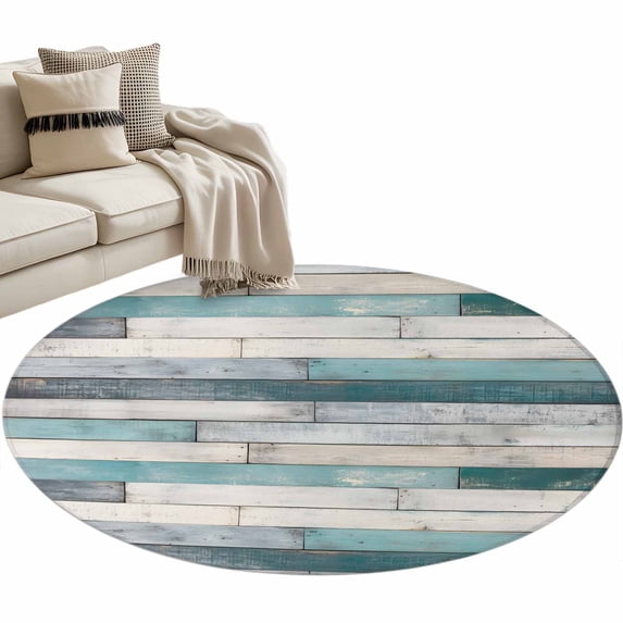 Turquoise Grey Wooden Large Area Rugs for Bedroom Living Room, Soft Non Slip Carpet Bedside Rug, Farmhouse Teal Wood Round Floor Cover Kitchen Accent Rug 4' for Dining Room/Office