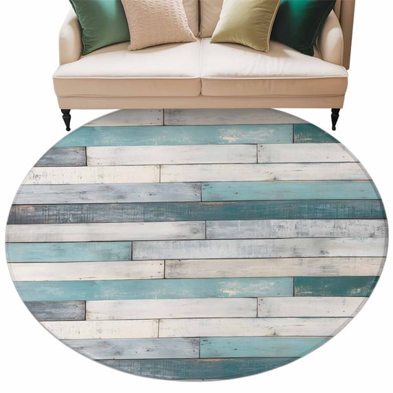 Turquoise Grey Wooden Large Area Rugs for Bedroom Living Room, Soft Non Slip Carpet Bedside Rug, Farmhouse Teal Wood Round Floor Cover Kitchen Accent Rug 6' for Dining Room/Office
