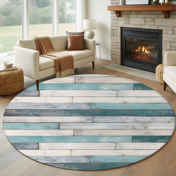 Turquoise Grey Wooden Large Round Rug 8 FT, Non Slip Living Room Area Carpet, Farmhouse Teal Wood Washable Soft Circle Rug Non-Shedding Floor Carpet for Bedroom Office Dining Room