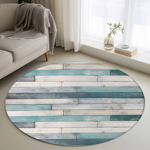 Turquoise Grey Wooden Round Area Rug 3.3 FT, Non Slip Small Entryway Kitchen Mat, Farmhouse Teal Wood Washable Soft Circular Rug Non-Shedding Door Mat for Bathroom Playroom Kids Room