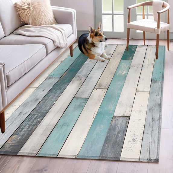Turquoise Grey Wooden Runner Rug 2.7x5 FT, Non Slip Entryway Carpet, Farmhouse Teal Wood Washable Soft Floor Carpet Entrance Mat Non-Shedding Throw Rug for Hallway Laundry Room Bedside