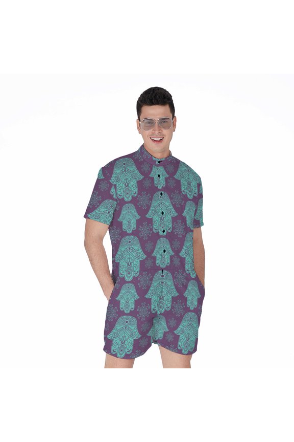 Turquoise Hamsa Pattern Short Sleeve Men'S Rompers Casual Summer Jumpsuits Outfit