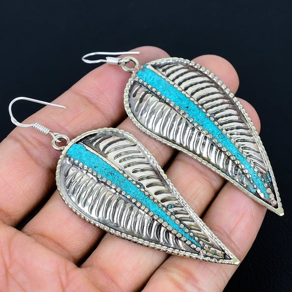 Turquoise Handmade Bohemian 925 Sterling Silver Nepali Vintage Earring 3.3"