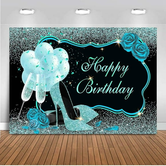 Turquoise Happy Birthday Backdrop Teal Balloons High Heels Champagne Woman's Birthday Photo Backdrops Sweet 16th 21st 30th 40th Bday Photography Background