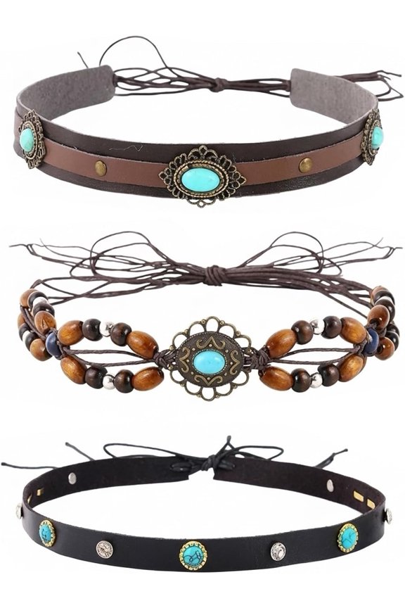 Turquoise Hat Bands for Women Men, 3 count PU Leather Beaded Hat Band Set, Adjustable Fedora Panama Rancher  Strap  Rodeo Accessories