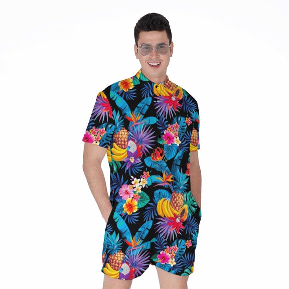 Turquoise Hawaiian Fruits Pattern Short Sleeve Men'S Rompers, Tropical Hawaiian Aloha Floral Casual Summer Jumpsuits Outfit