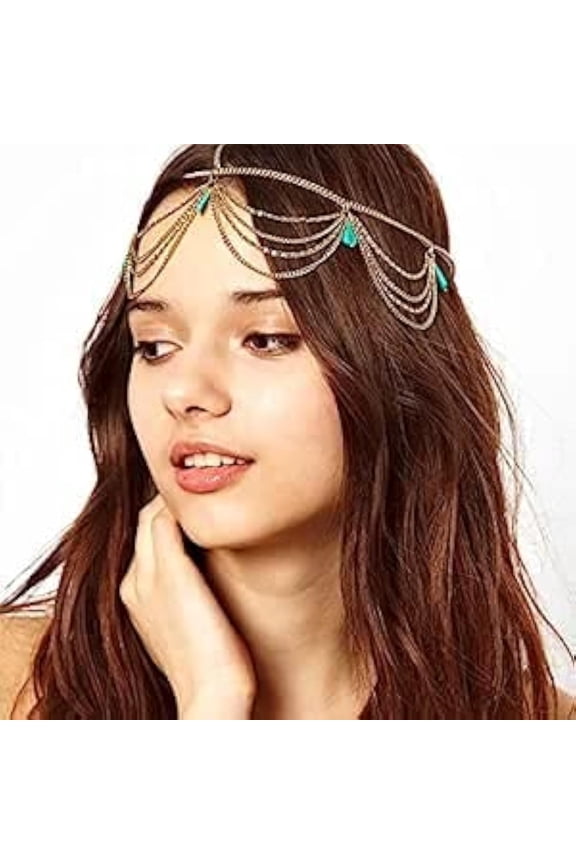 Turquoise Head Chain Unique Jewelry Headband Boho Tassel Chain Hair Band Party Headpiece Festival Prom Wedding Headband
