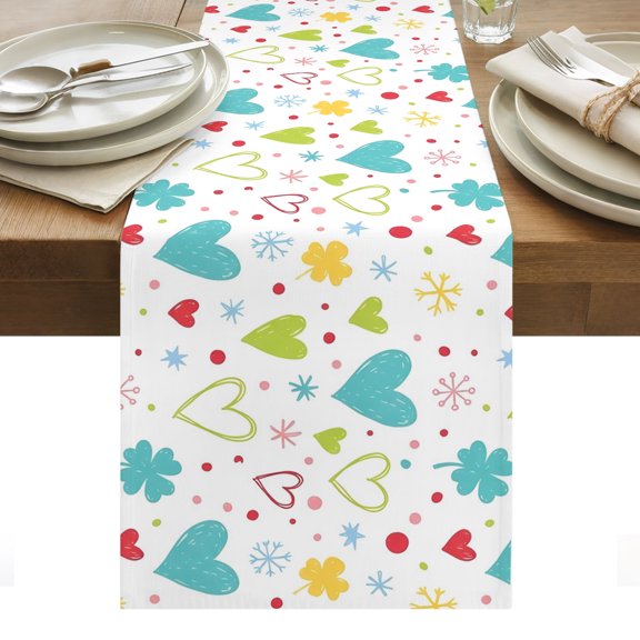 Turquoise Hearts Table Runner Modern Three-Leaves Colorful Polka Dots Tablerunners 13 x 120 Inch, Table Decorations Tabletop Scarf for Summer Gathering Holiday Farmhouse Kitchen Dining Decor