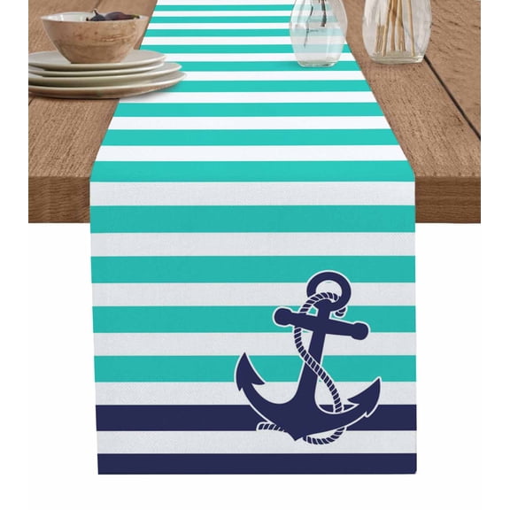 Turquoise Horizontal Striped Short Table Runners 36 Inches, Cotton Linen Fabric Table Runner Dresser Scarf, Navy Anchor Nautical Tablerunner for Party/Kitchen/Dinner/Wedding Decor 13''x36''