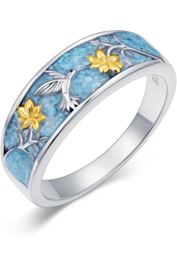 Turquoise Hummingbird Ring 925 Sterling Silver Turquoise Hummingbirds Flower Ring Western Jewelry piritual Protection Gift for Women (Size 6)