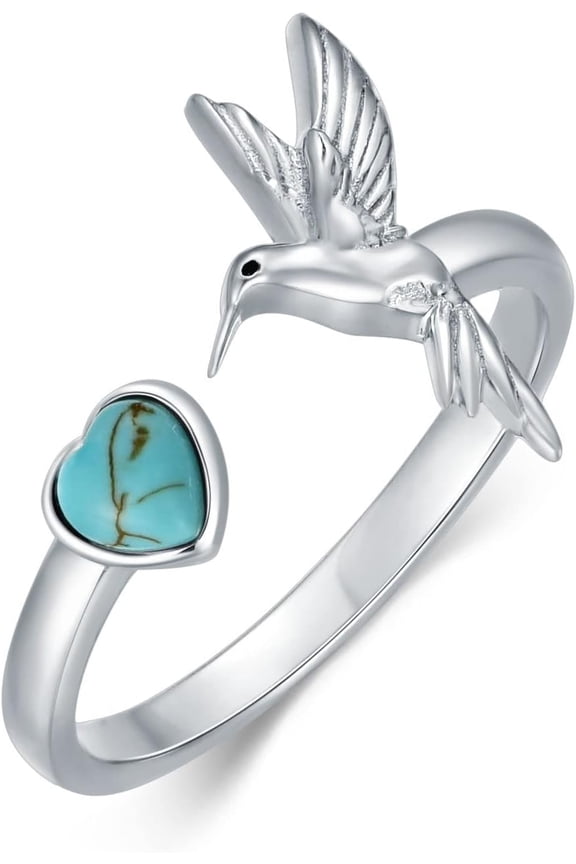 Turquoise Hummingbird Rings for Women 925 Sterling Silver Genuine Turquoise Adjustable Open Hummingbird Rings Animal Jewelry Gift Size 4 to 11