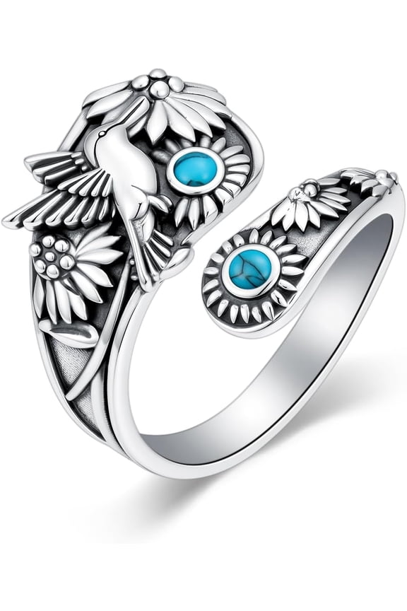 Turquoise Hummingbird Spoon Ring for Women Sterling Silver Sunflower Adjustable Rings Hummingbird Thumb Ring Jewelry Gifts