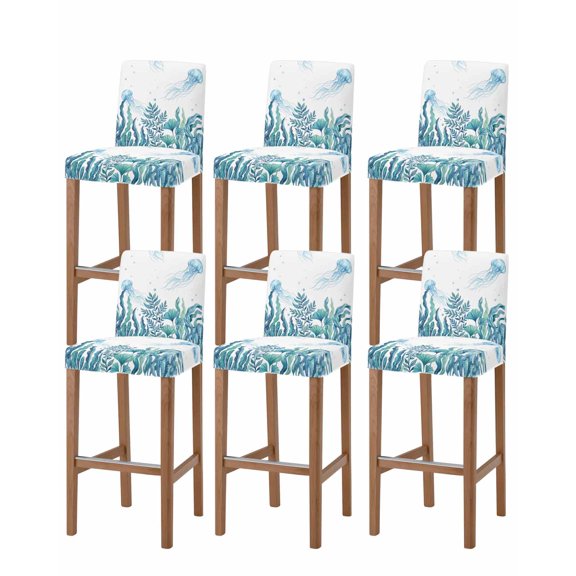 Turquoise Jellyfish Coastal Bar Stool Covers Set of 6, Summer Beach Ocean Seaweed Stretch Washable Bar Chair Covers with Backs, Removable Pub Counter Height Chair Cover for Kitchen Dining Room Cafe