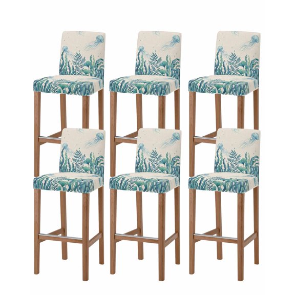Turquoise Jellyfish Coastal Bar Stool Covers Set of 6, Summer Ocean Seaweed Rustic Stretch Washable Bar Chair Covers with Backs, Removable Pub Counter Height Chair Cover for Kitchen Dining Room Cafe