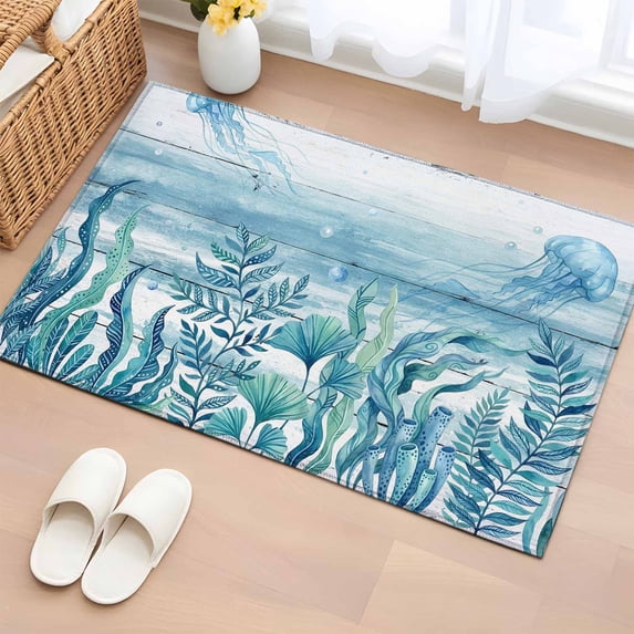 Turquoise Jellyfish Coastal Entryway Rug 2'x3' Non Slip Front Door Mats, Summer Ocean Seaweed Wooden Entrance Rugs Indoor Outdoor Carpet, Washable Floor Mats Small Area Rug for Bedroom Kitchen