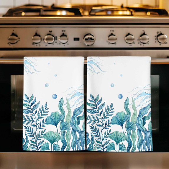 Turquoise Jellyfish Coastal Kitchen Towels Set of 1, Summer Beach Ocean Seaweed Absorbent Dish Towels for Kitchen, Microfiber Hand Towel, Quick Drying Tea Towel for Cleaning Decorative Dishcloths