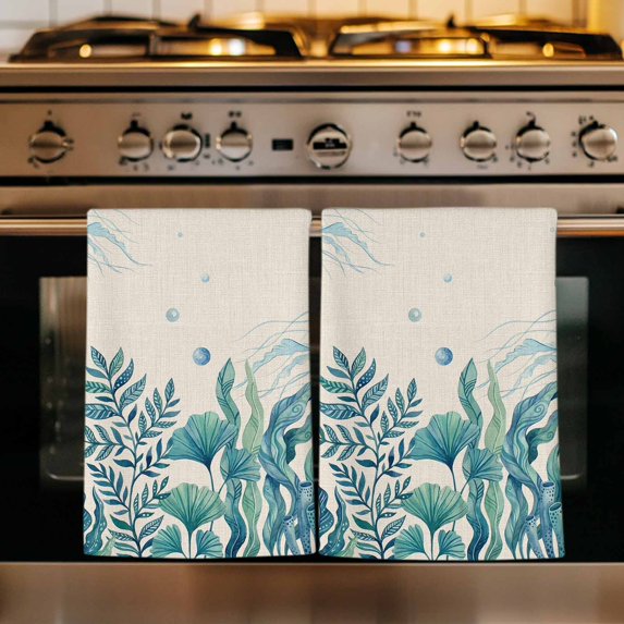 Turquoise Jellyfish Coastal Kitchen Towels Set of 2, Summer Ocean Seaweed Rustic Absorbent Dish Towels for Kitchen, Microfiber Hand Towel, Quick Drying Tea Towel for Cleaning Decorative Dishcloths