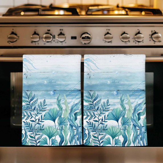 Turquoise Jellyfish Coastal Kitchen Towels Set of 3, Summer Ocean Seaweed Wooden Absorbent Dish Towels for Kitchen, Microfiber Hand Towel, Quick Drying Tea Towel for Cleaning Decorative Dishcloths