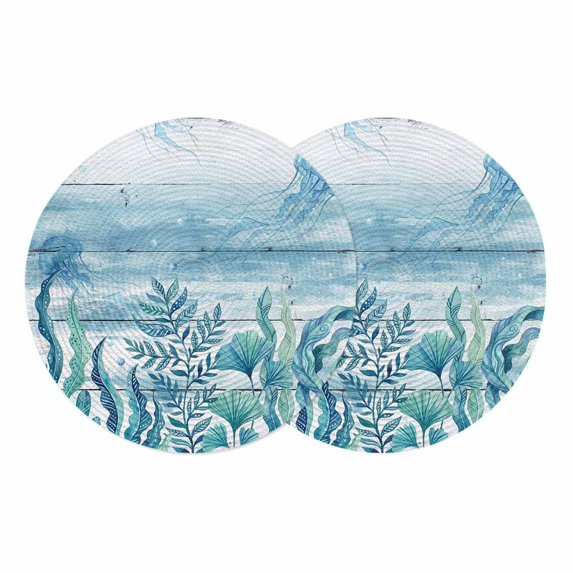 Turquoise Jellyfish Coastal Round 13 Inch Placemats Set of 2, Summer Ocean Seaweed Wooden HeatResistant Non Slip Place Mats for Dining Table, Wipeable Braided Kitchen Table Mats for Housewarming