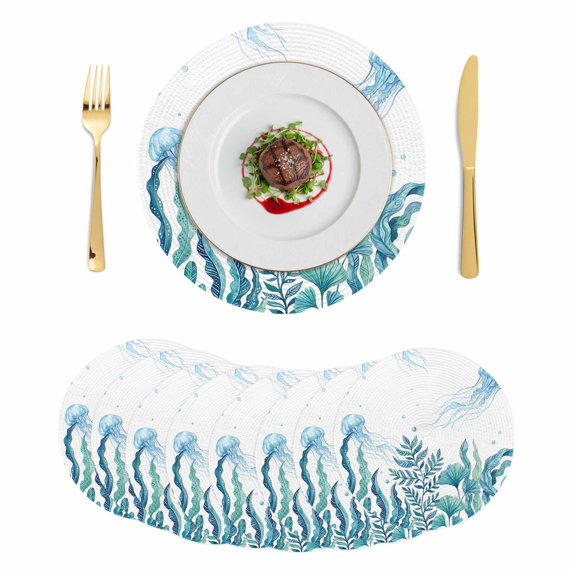 Turquoise Jellyfish Coastal Round 13 Inch Placemats Set of 8, Summer Beach Ocean Seaweed HeatResistant Non Slip Place Mats for Dining Table, Wipeable Braided Kitchen Table Mats for Housewarming