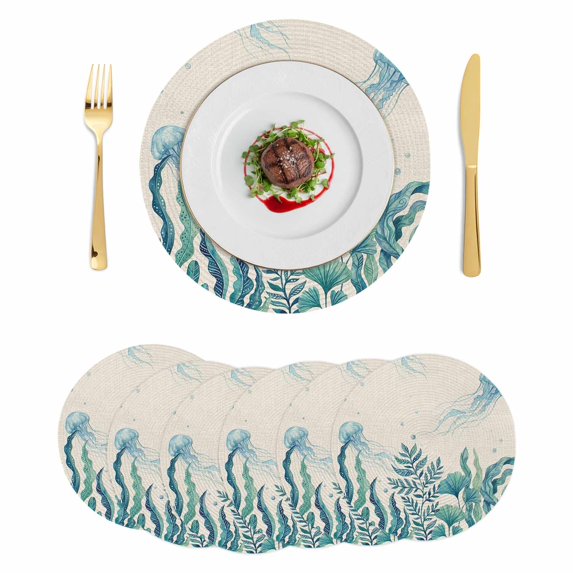 Turquoise Jellyfish Coastal Round 15 Inch Placemats Set of 6, Summer Ocean Seaweed Rustic HeatResistant Non Slip Place Mats for Dining Table, Wipeable Braided Kitchen Table Mats for Housewarming