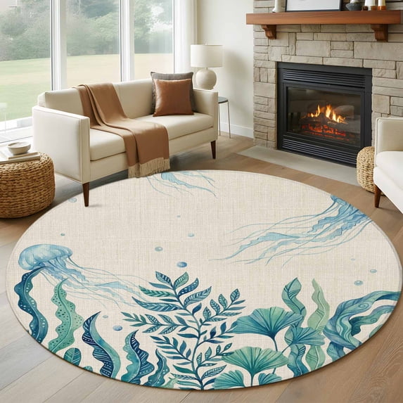 Turquoise Jellyfish Coastal Round Area Rug 6Ft Washable Circle Rugs for Bathroom Office, Summer Ocean Seaweed Rustic Non-Slip Carpet Floor Mats Indoor Outdoor Carpet Runner Aesthetic Home Decor