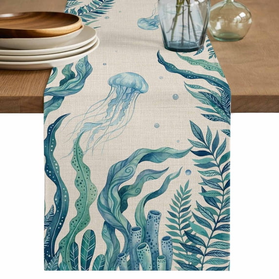 Turquoise Jellyfish Coastal Table Runner 72 Inches, Summer Ocean Seaweed Rustic Bed Runner Dresser Scarves Tabletop for Indoor Outdoor Parties/Ceremony/Banquet, 14" x 72"
