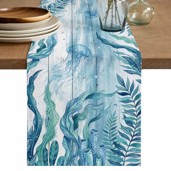 Turquoise Jellyfish Coastal Table Runner 90 Inches, Summer Ocean Seaweed Wooden Bed Runner Dresser Scarves Tabletop for Indoor Outdoor Parties/Ceremony/Banquet, 13" x 90"