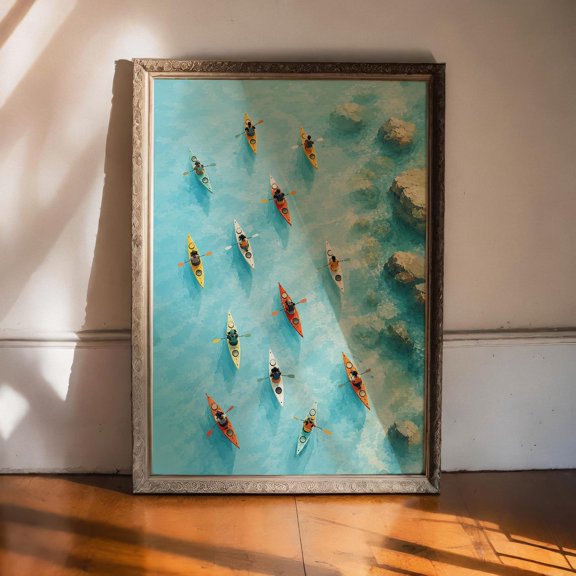 Turquoise Kayak Drift Wall Art Print, Coastal Adventure Ocean Decor