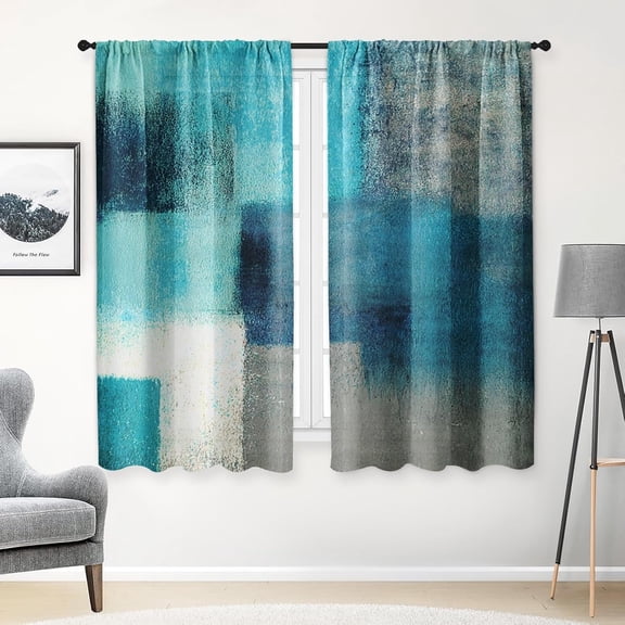 Turquoise Kitchen Curtains 63 Inch Length Abstract Window Curtains Over Sink Set of 2, Teal Contemporary Curtain for Bedroom Living Room, Modern Kitchen Decor 42x63 Inch