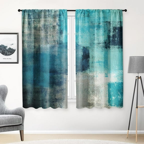 Turquoise Kitchen Curtains 63 Inch Length Abstract Window Curtains Over Sink Set of 2, Teal Contemporary Curtain for Bedroom Living Room, Modern Kitchen Decor 42x63 Inch