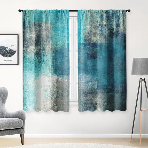 Turquoise Kitchen Curtains 63 Inch Length Abstract Window Curtains Over Sink Set of 2, Teal Contemporary Curtain for Bedroom Living Room, Modern Kitchen Decor 42x63 Inch