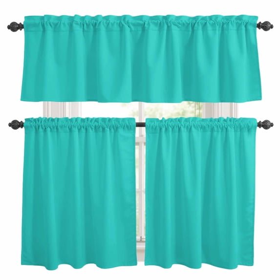 Turquoise Kitchen Curtains Sets for Windows 24 Inch Length, Solid Color Farmhouse Turquoise Rod Pocket Window Treatments Tier Curtains and Valances Set for Bedroom/Bathroom
