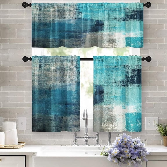 Turquoise Kitchen Curtains Teal Grey Window Curtains Valance and Tier Set, Modern Rod Pocket Short Tier Curtain, Abstract Art Small Cafe Curtains for Kitchen Decor 52" x 24"