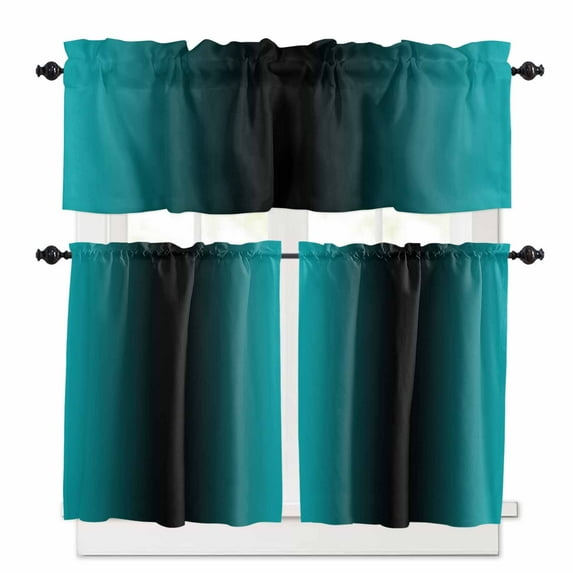 Turquoise and Kitchen Curtains Valance and Tier Set 3 Pieces,Black Gradient Small Window Curtains Set, 36 Inches Length Rod Pocket Short Window Treatment Tiers For Bathroom Cafe