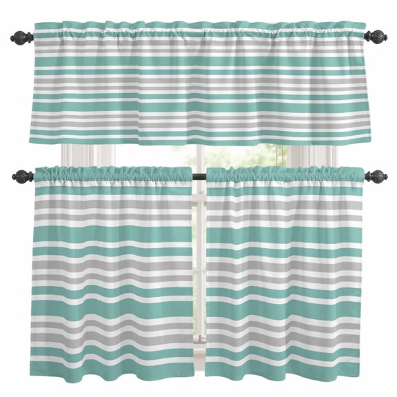 Turquoise and Kitchen Curtains Valances and Tiers Set of 3 Gray Stripe Contrast Minimalist Modern Art Tier Curtains and Valance with Rod Pocket for Small Windows, 27.5"x24"